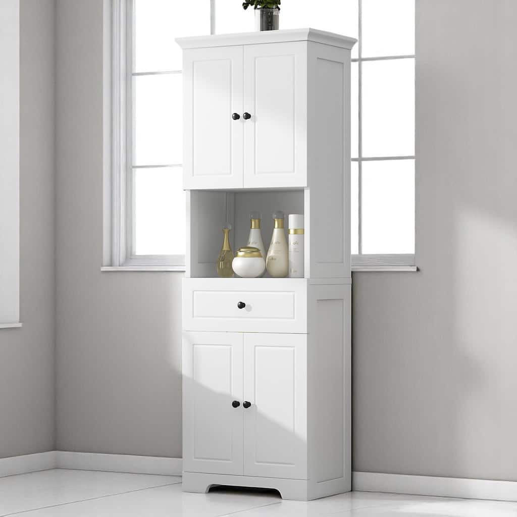 Tall Bathroom Storage Cabinet with 4 Doors, Adjustable Shelves & Open Shelf, Freestanding Organizer