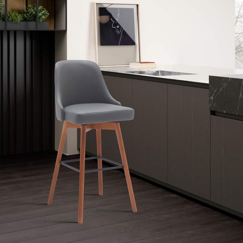 Faux Leather Swivel Bar Chair with Solid Wood Base and Footrest