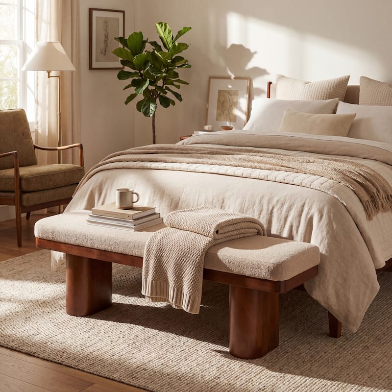 Christopher Knight Home - Monteria Modern 55.12" Upholstered Bench with Sculptural Cylindrical Wooden Leg & Padded Seat - Light Brown+Boucle