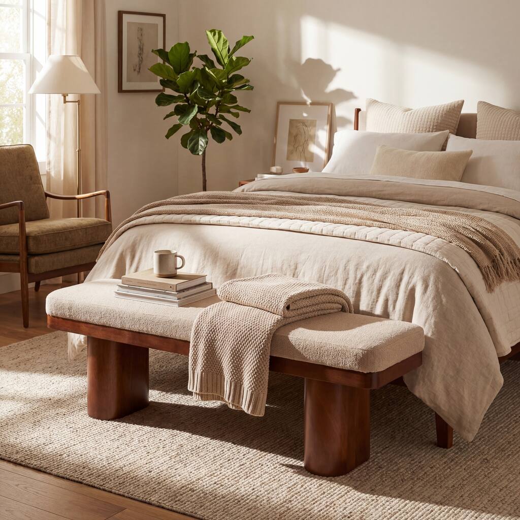 Christopher Knight Home - Monteria Modern 55.12" Upholstered Bench with Sculptural Cylindrical Wooden Leg & Padded Seat