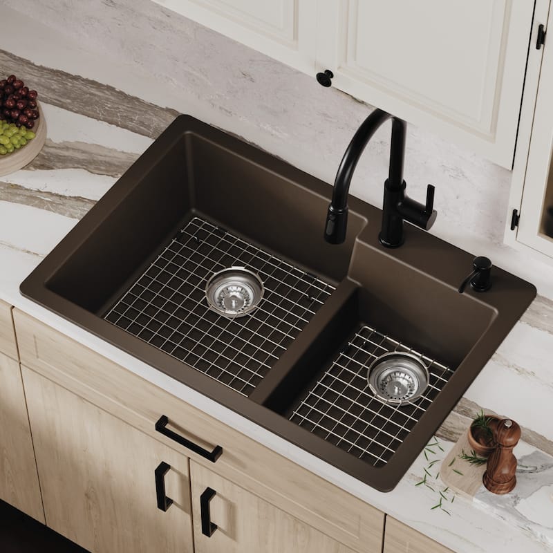 Karran 33" Top Mount Large/Small Bowl Quartz Kitchen Sink Kit - 33" x 22" x 9"