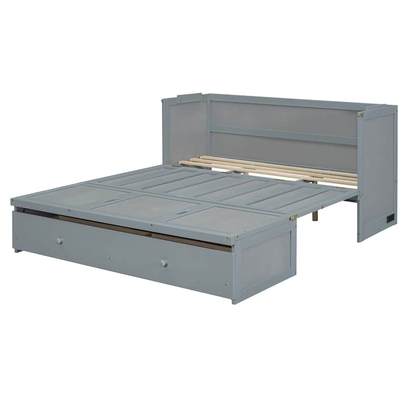 Queen Size Murphy Bed Cabinet with USB Charging Ports and Storage Drawer, Foldable Space-Saving Design with Pine Wood Frame