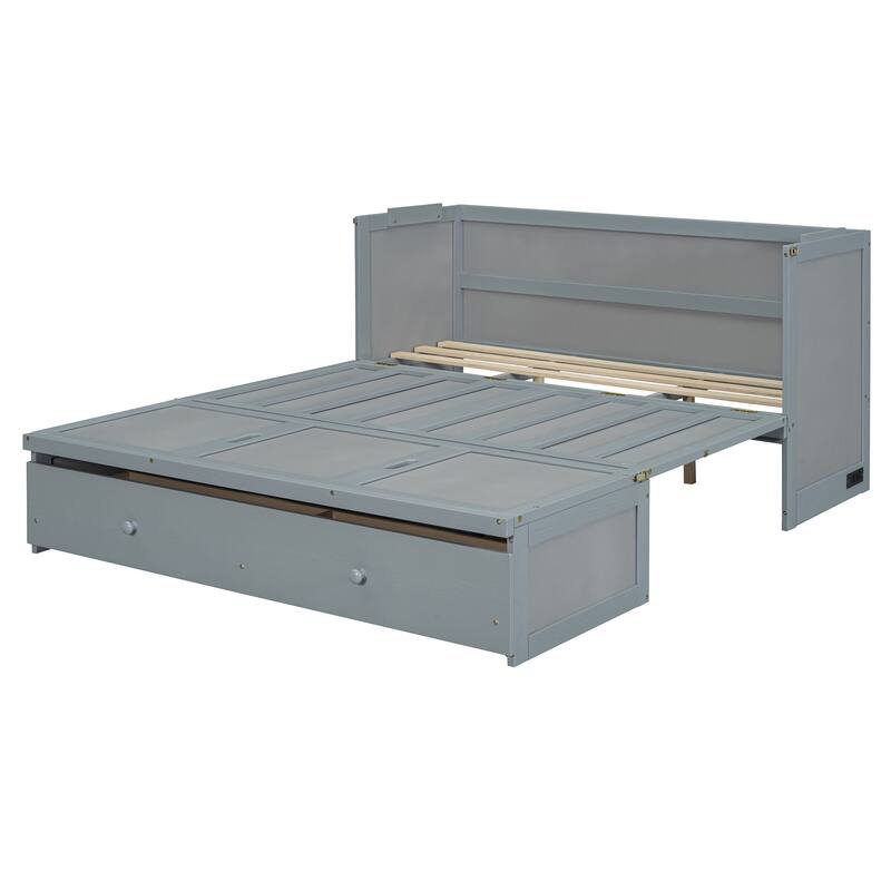 Queen Size Murphy Bed with USB Port and Large Drawer, Space-Saving Design, No Box Spring Needed, Espresso Finish