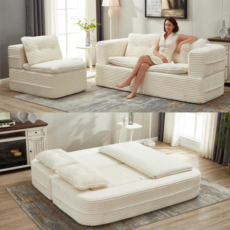 Sofa Bed With Independent Chaise Lounge And Functional Blanket,Convertible Sofa Bed,King Size Bed,Deep Seat - Beige