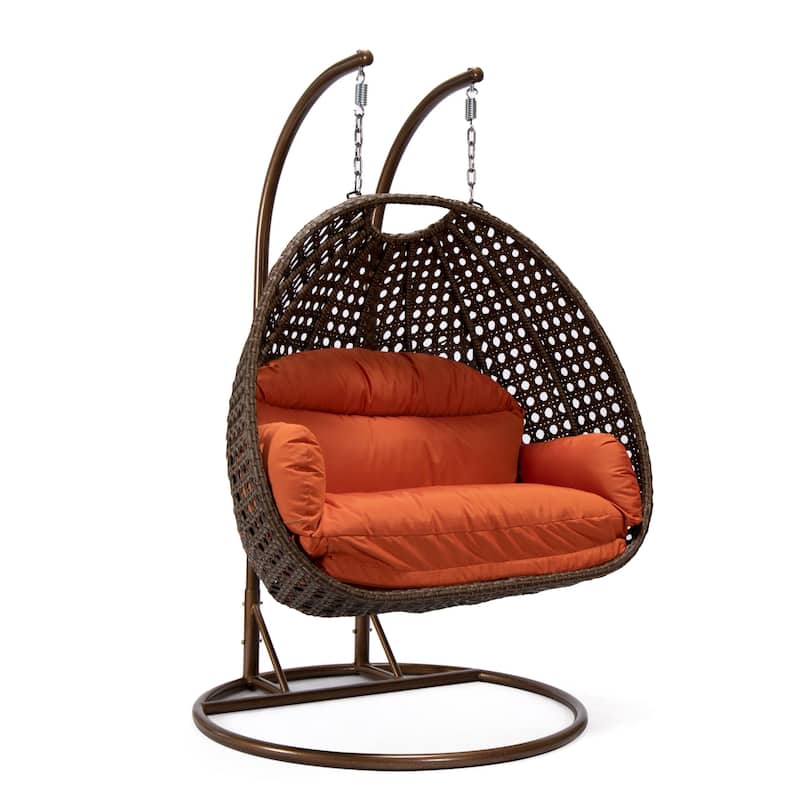 LeisureMod Mendoza Dark Brown 2 Seater Wicker Patio Hanging Double Swing Chair for Patio Porch Backyard Garden - 53"
