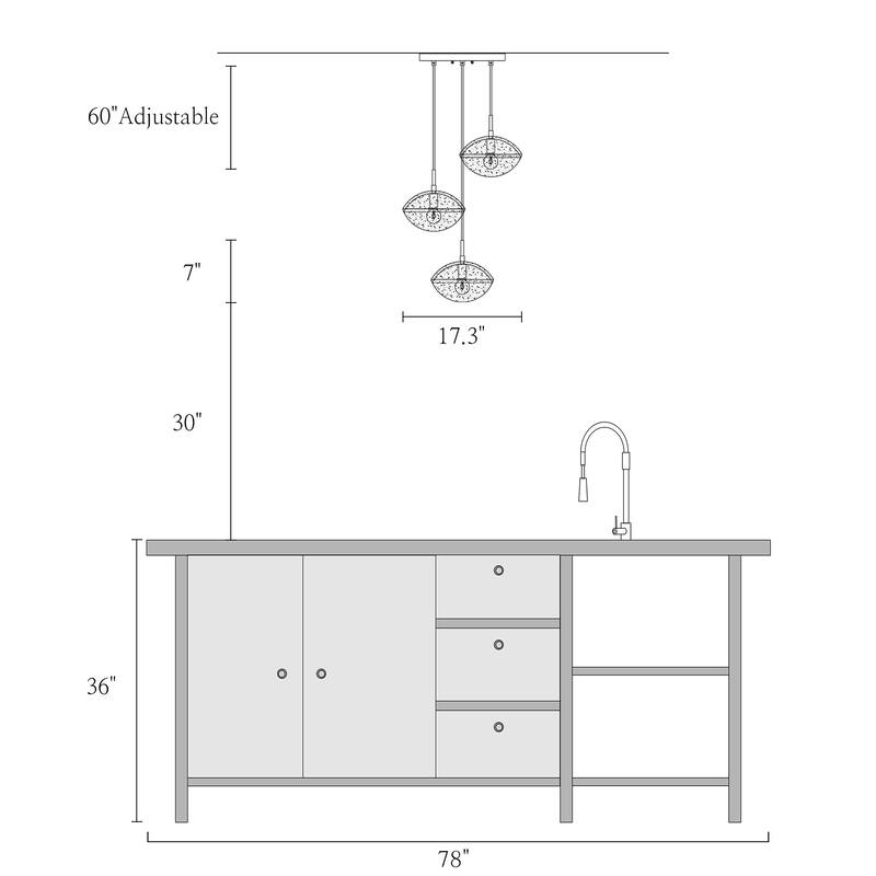 Modern 3-Light Cluster Chandelier Pendant Lighting for Kitchen Island Bedroom - 17.3" Dia. x 7" H