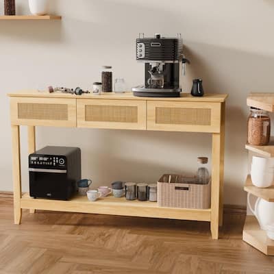VINGLI Natural Wood Color 2-Layer 3-Drawer MDF Wicker Surface Entry Table