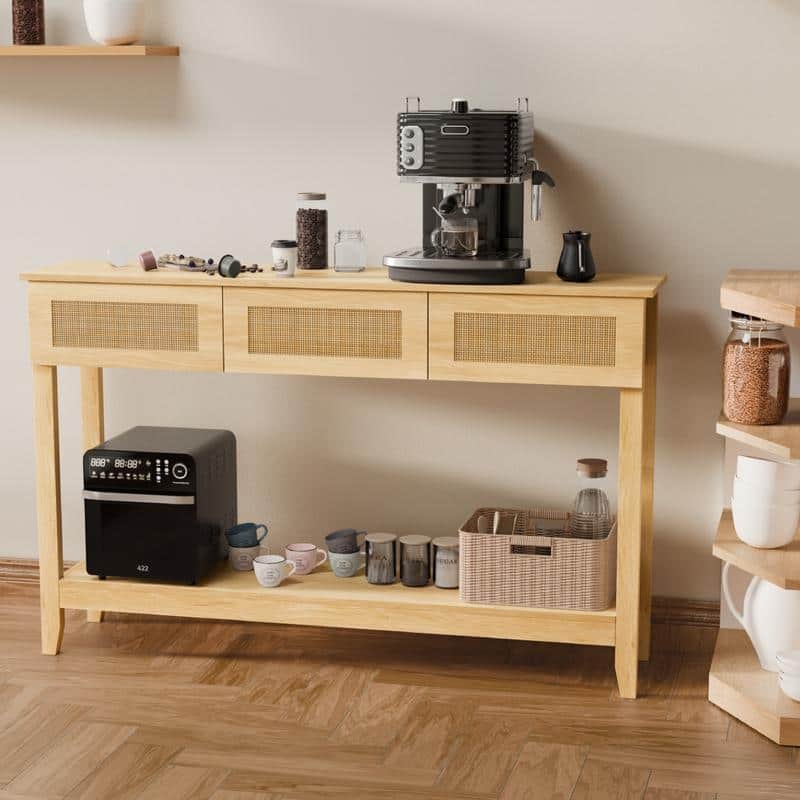 VINGLI Natural Wood Color 2-Layer 3-Drawer MDF Wicker Surface Entry Table