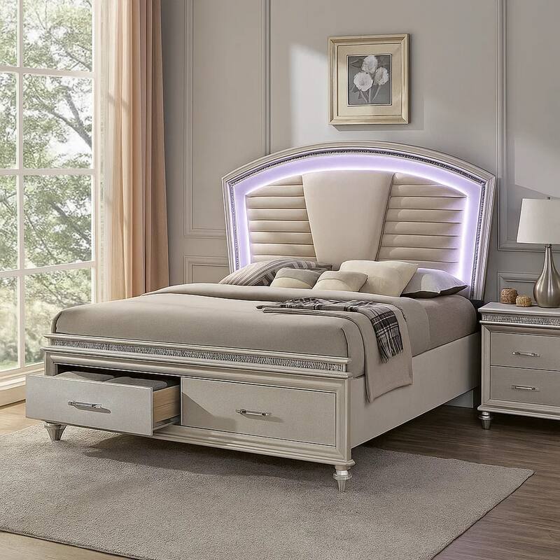 Sam Queen Bed with LED Lights, Storage, White Tufted Faux Leather