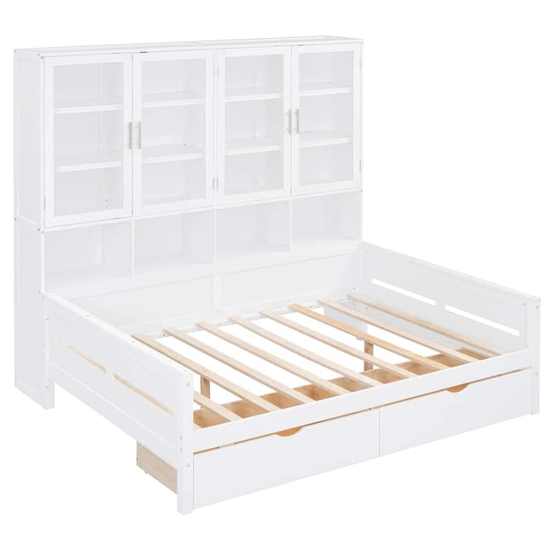 Full Size Wooden Daybed with Glass-Door LED Cabinet & Shelves - 600LB Capacity
