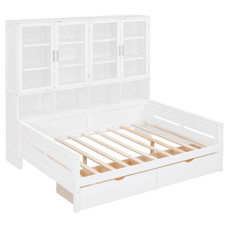 Full Size Wooden Daybed with Glass-Door Storage Cabinets, Built-in LED Lighting and Shelves