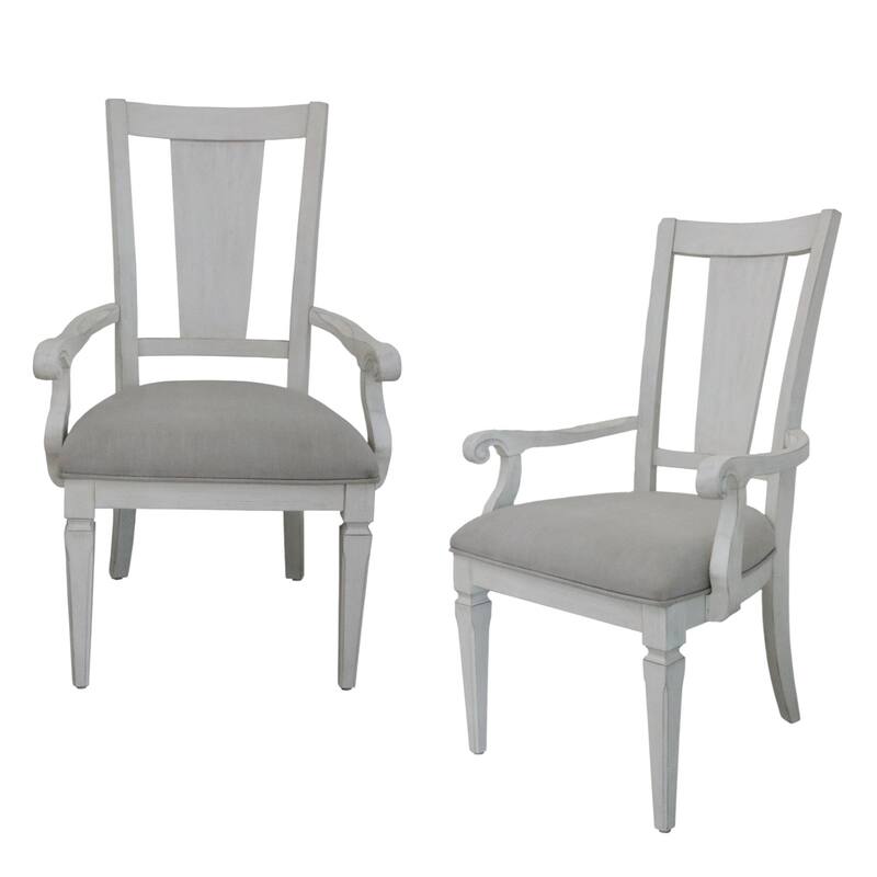 HomeRoots Set of Two Light Gray and White Upholstered Linen And Solid Wood Open Back Dining Arm Chairs