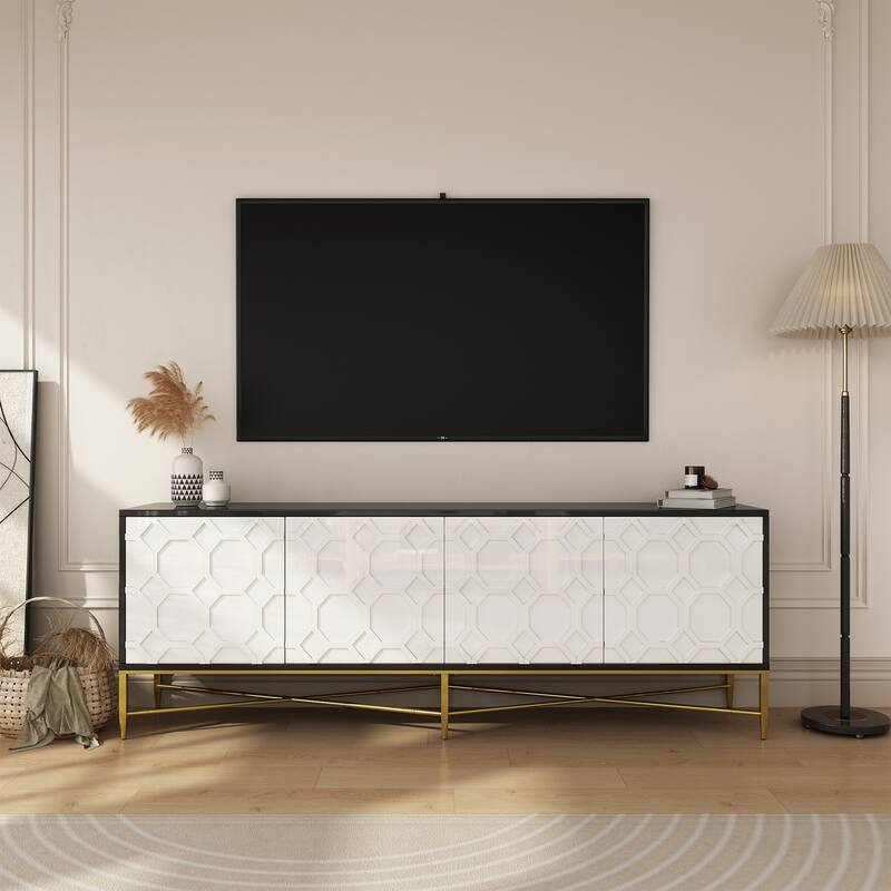 Modern TV Stand with Four Doors, Media Storage Console with Adjustable Foot Pegs, Entertainment Center with Metal Legs