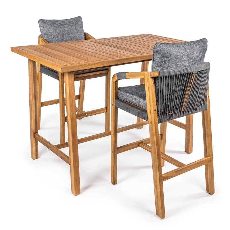 Javea Modern Coastal 3-Piece Acacia Wood Outdoor Bar Set with Cushions, by JONATHAN Y - Gray