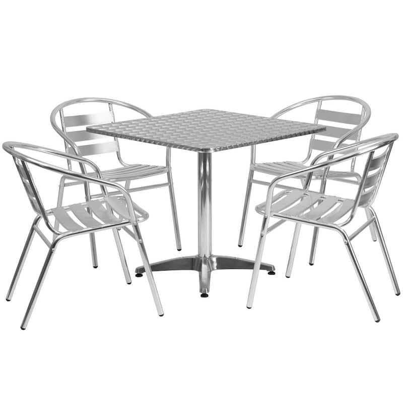 31.5" Square Aluminum Indoor-Outdoor Table Set with 4 Slat Back Chairs