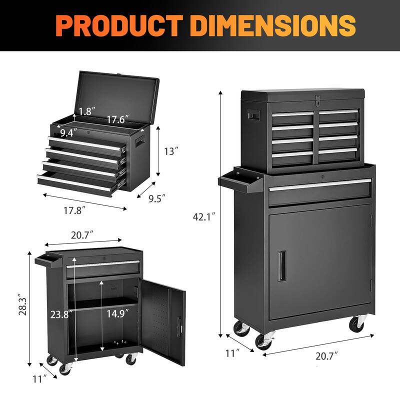 5-Drawer Rolling Tool Chest W/Wheels, Detachable Top Tool Box With Liners And Locking System, Heavy Duty Steel Tool Cart