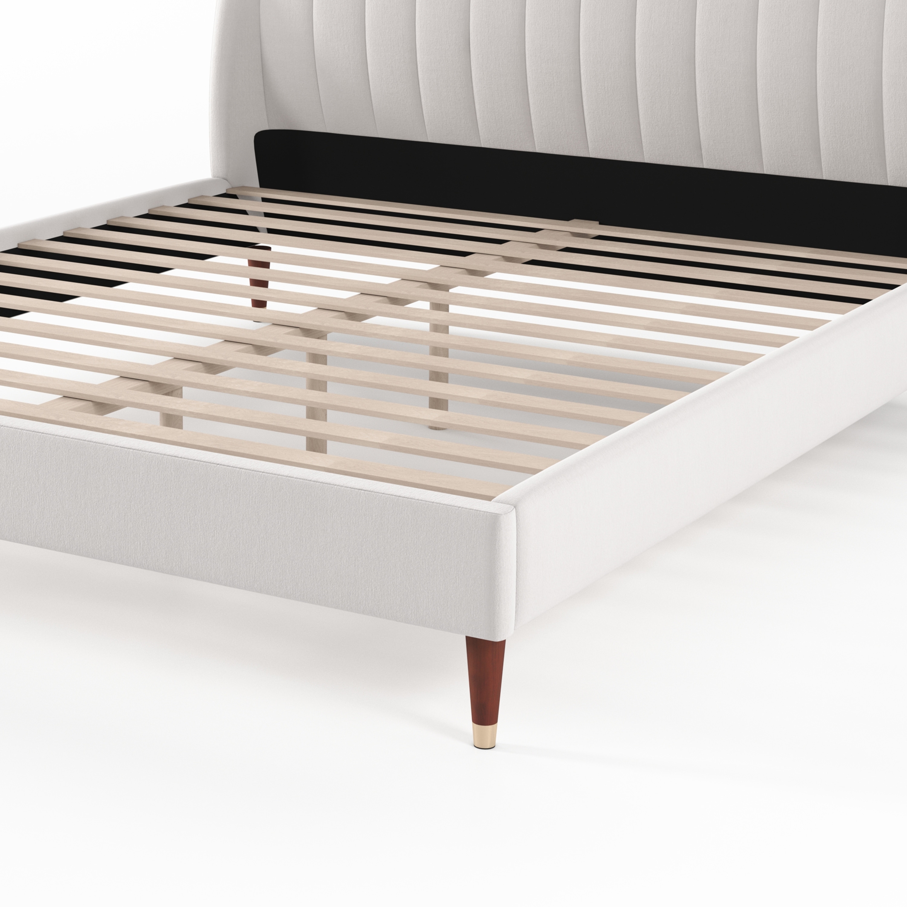 Beige Low Profile Upholstered Platform Bed with Wingback Headboard
