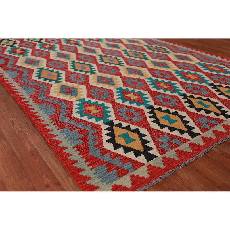 Hand Woven Oriental 100% Wool Carpet Southwestern Geometric Multi-Colored Kilim Area Rug - 8' 4'' X 5' 6''