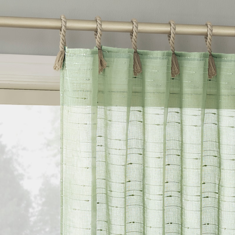 No. 918 Noemi Slub Stripe Rope Tab Semi-Sheer Tie Top Curtain Panel, Single Panel - 50" x 84" - Sage Green