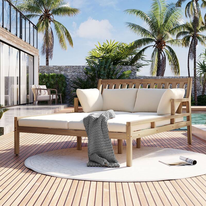 Wooden Outdoor Daybed, 4 Pillows for Poolside, Backyard, Garden - Light Teak