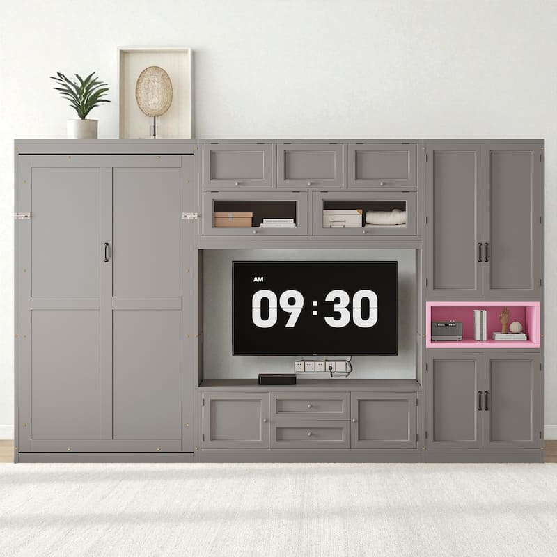 Twin Size Murphy Bed with TV Stand, 2 Storage Drawers, Shelves & Cabinets, Foldable Wooden Bed for Bedroom or Apartment - Grey - Twin
