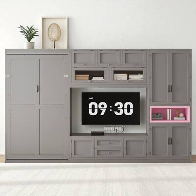 Twin Size Murphy Bed with TV Stand, 2 Storage Drawers, Shelves & Cabinets, Foldable Wooden Bed for Bedroom or Apartment
