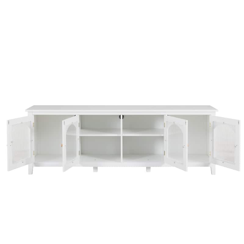 TV Stand with 4 Glass Doors, Console Table with Metal Handle and Solid Wood Frame, Entertainment Center with Shelves