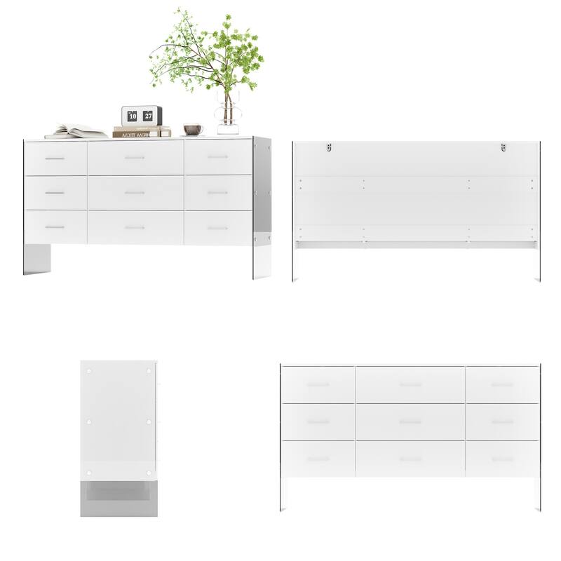 Dresser Chest of 9 Drawers Triple Dresser with Glass Legs White