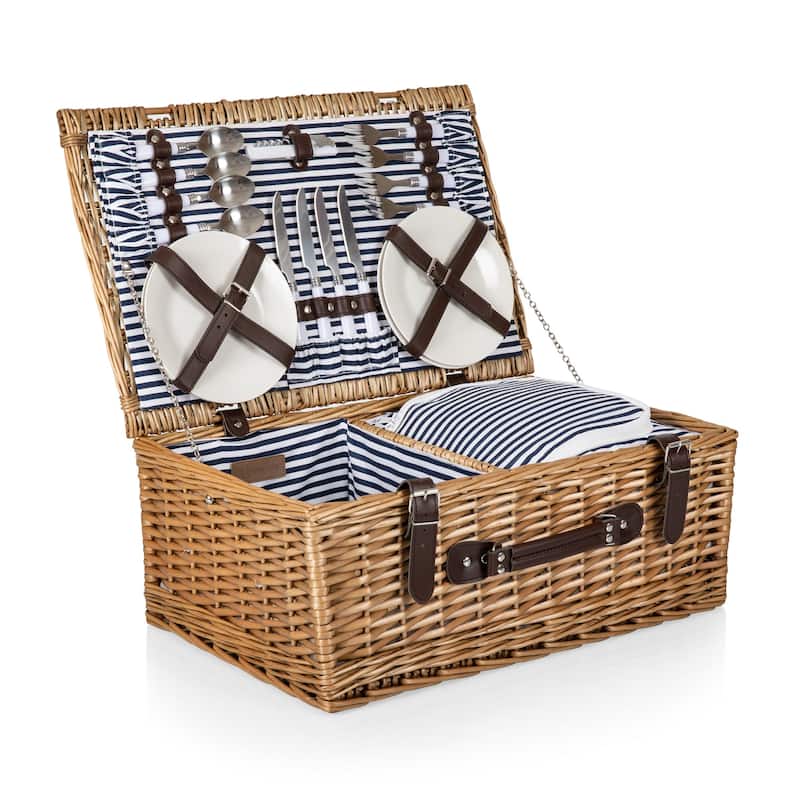 Picnic Time - Belmont Picnic Basket, (Navy Blue & White Stripe)