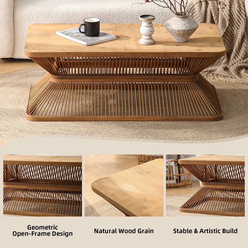Mid-Century Modern Coffee Table, Rectangular Wood Accent Table with Woven Bamboo Base, Rustic Boho Low Profile Cocktail Table