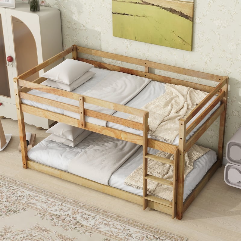 Wooden Twin over Twin Floor Bunk Bed with Ladder ,Upper and Bottom Bed Platforms