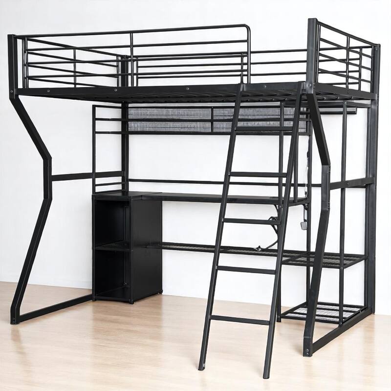 Full Size Metal Loft Bed with Desk, LED Lights, Charging Station, Open Wardrobe & Storage Shelves, Gaming Workstation Loft Frame