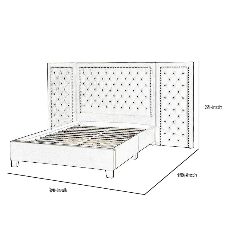 Cleo Queen Bed, Velvet, XL 3 Panel Tall Headboard, Crystal Tufted, Blue