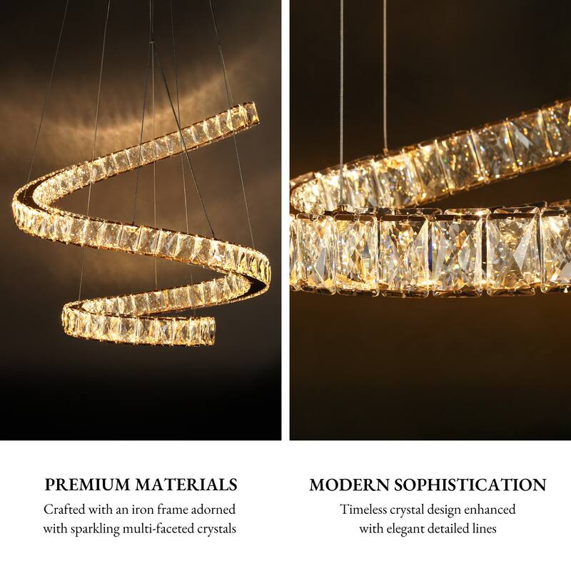 Modern 1-Light LED Crystal Ring Gold Chandelier for Living Dining Room - D23.6" x H62.8" Max