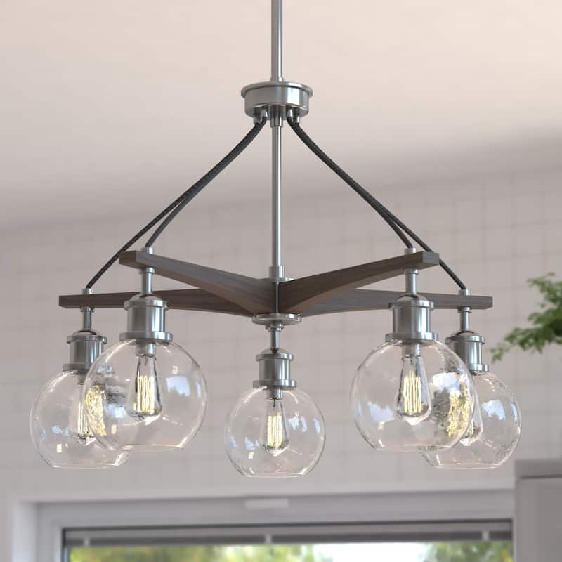 Avondale 25.5-in Satin Nickel and Wood Farmhouse 5 Light Chandelier Dining Room Hanging Fixture - Satin Nickel and Dark Sycamore - 25.25-in W x 25-in H x 25.25-in D