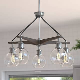 Avondale 25.5-in Satin Nickel and Wood Farmhouse 5 Light Chandelier Dining Room Hanging Fixture