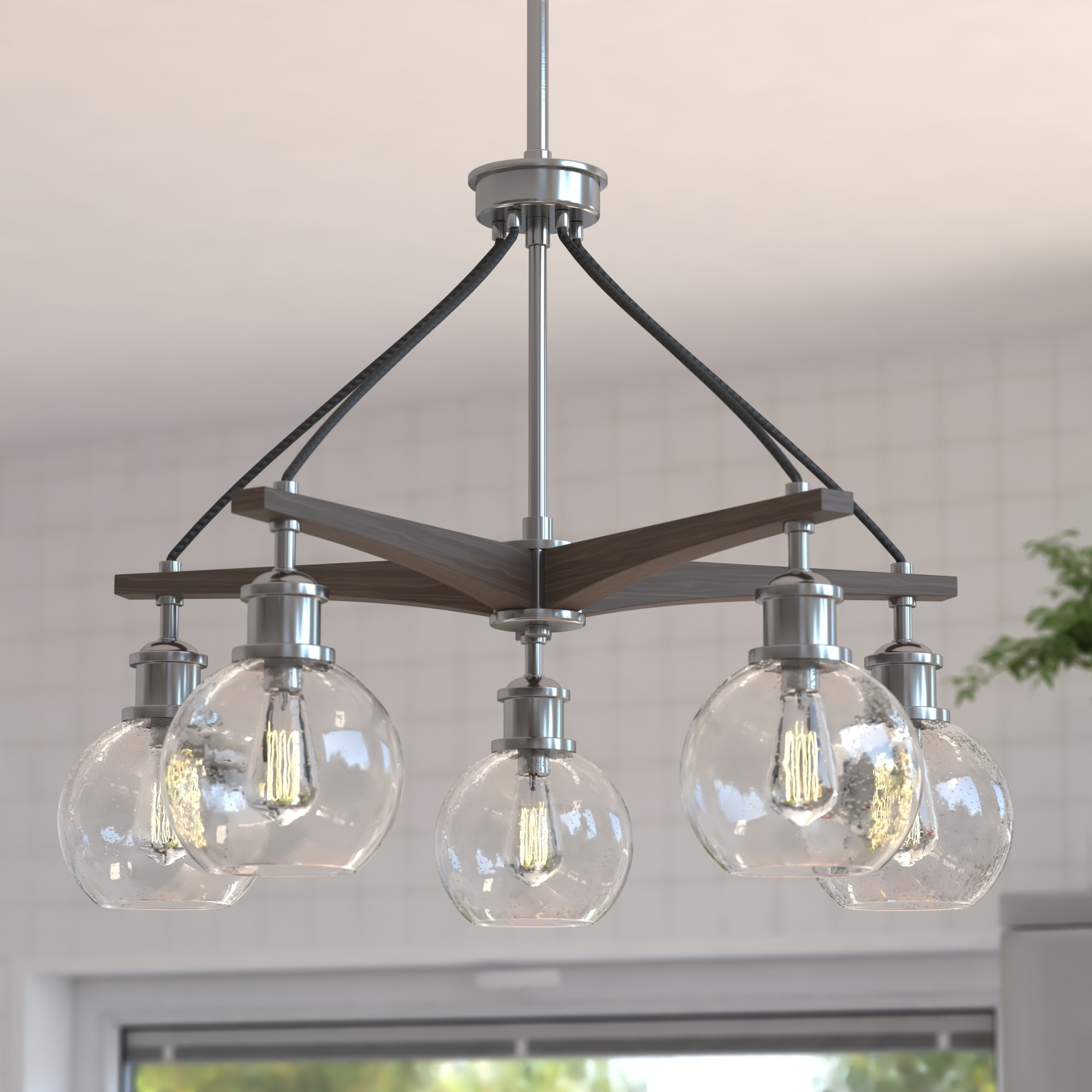 VAXCEL Avondale 25.5-in Satin Nickel and Wood Farmhouse 5 Light Chandelier Dining Room Hanging Fixture