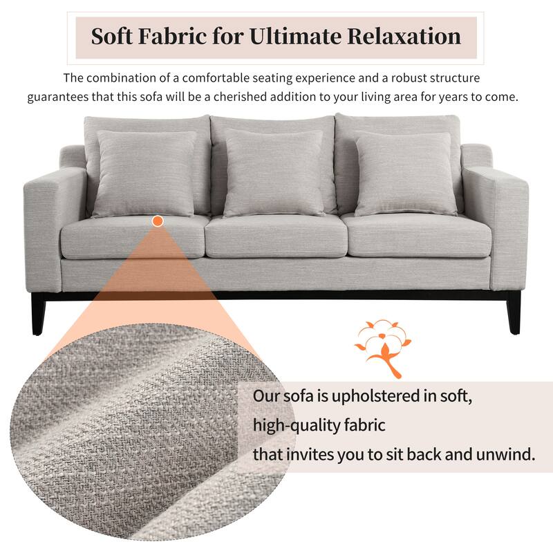 3-seat Grey Polyester Sofa with Wooden Legs for Living Room and Study