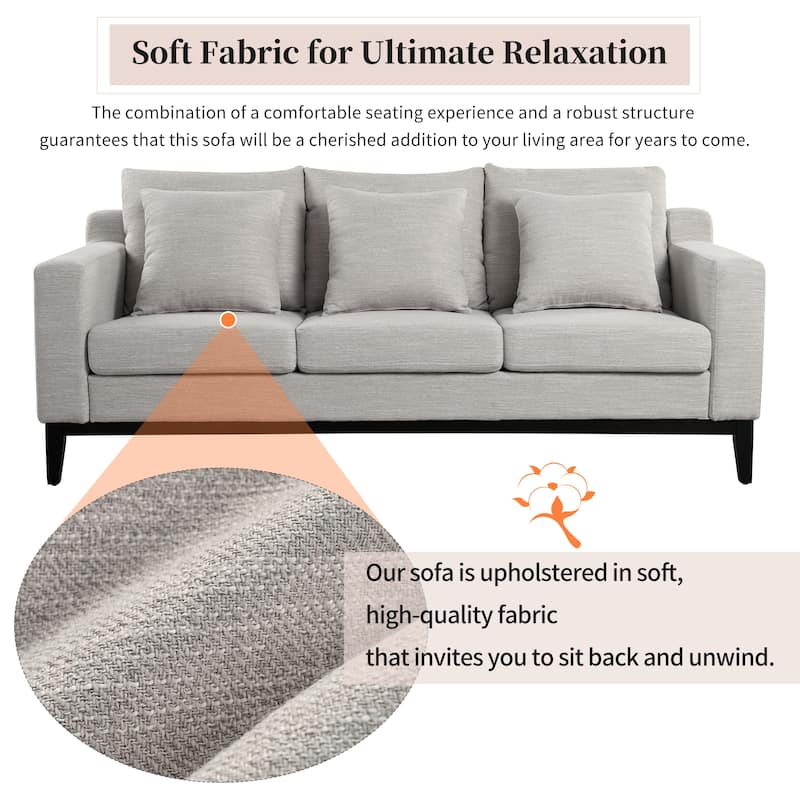 Roomfitters Comfy 3-Seat Sofa with Wooden Legs, Modern Upholstered Couch for Living Room and Study