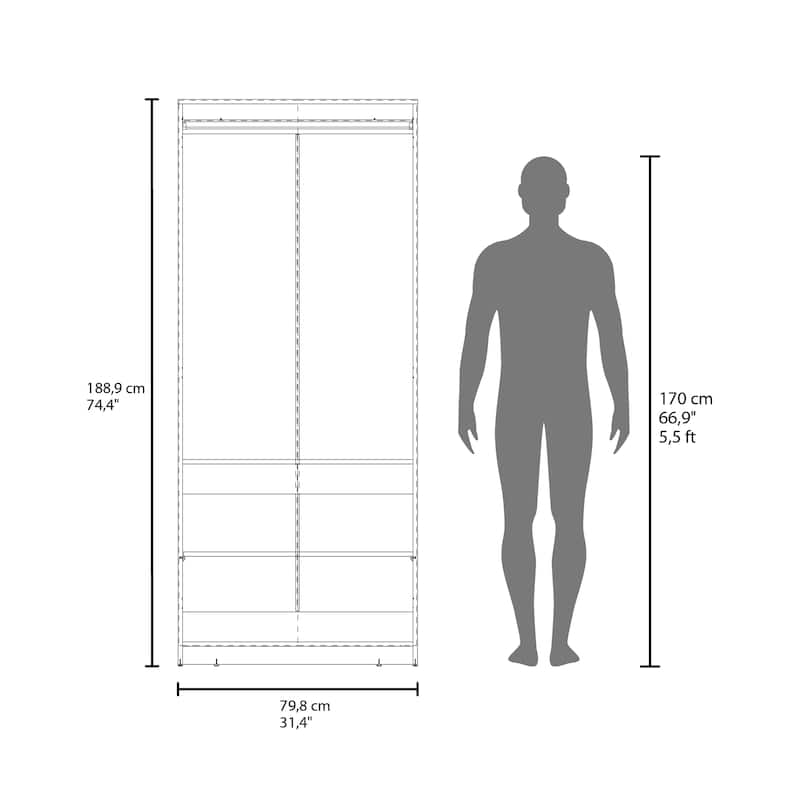 Wardrobe Berlin, Two Doors, Hanging Rod, Two Shelves, Shoe Rack, Bedroom, Wengue