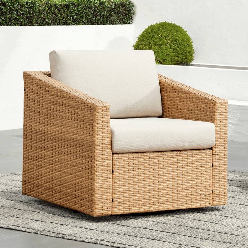 Oakley Outdoor Wicker Patio Furniture Swivel Chair - 1 Chair - Light Brown Wicker-Cream
