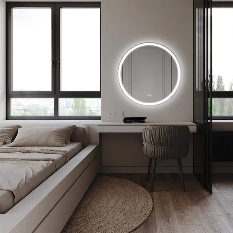 Circular LED Anti-Fog Mirror for Bathroom, Three-Color Lighting Adjustable