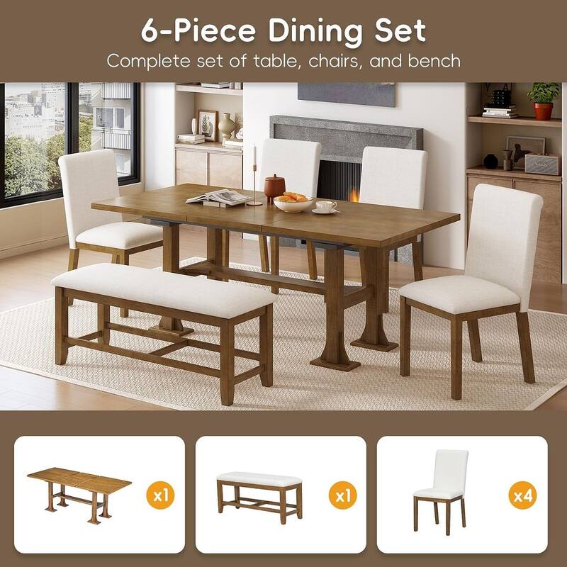 Farmhouse 6 PCS Extending Dining Table Set for 6 with Shelf Base