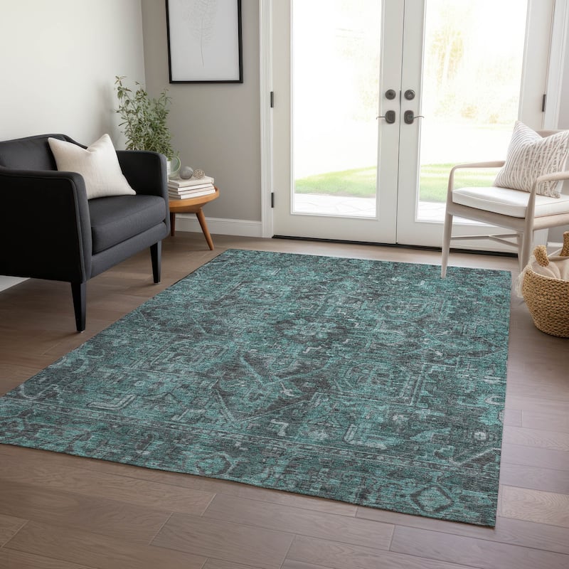 Machine Washable Indoor/ Outdoor Traditional Persian Chantille Rug - Turquoise - 9' x 12'