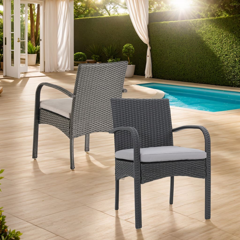 Patio Wicker Dining Chairs with Rattan Arms and Cushion(Set of 2)
