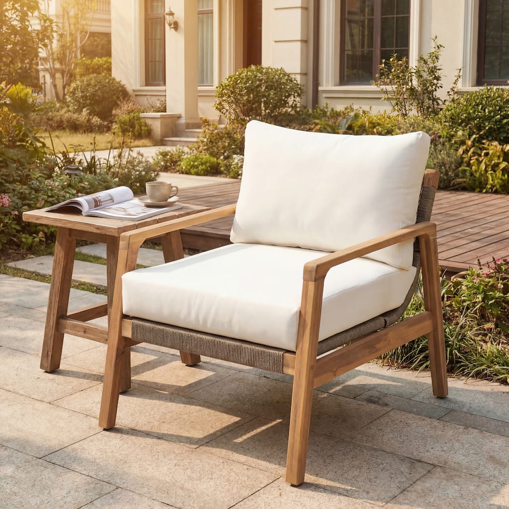 Christopher Knight Home - Modern Acacia Wood Rope Outdoor Club Chair with Cushions and Weather-Resistant Teak Finish
