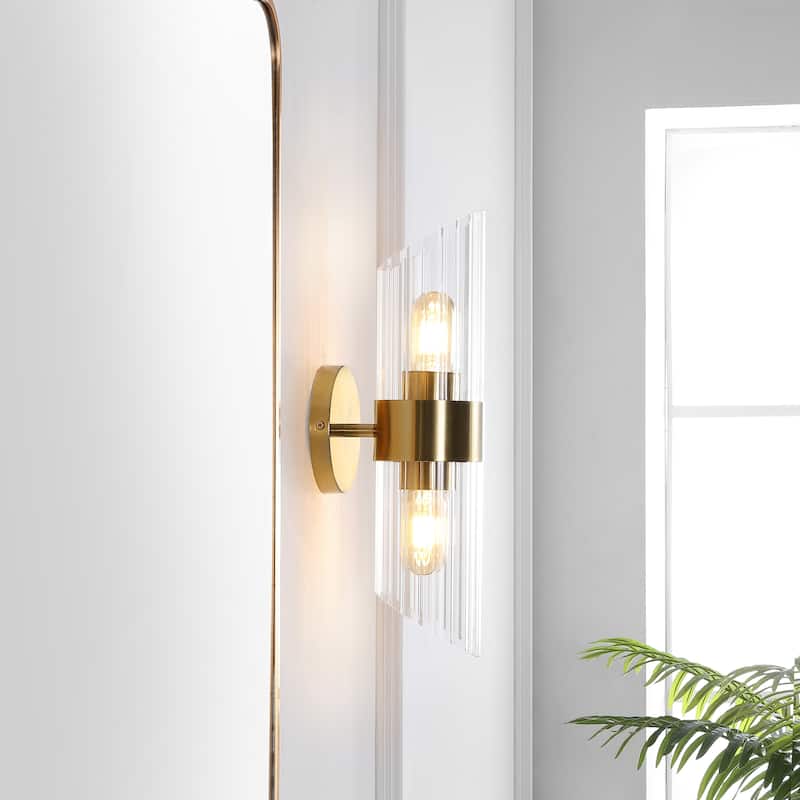 SAFAVIEH Lighting Eytan 2-light 6-inch Glass Wall Sconce with Bulbs (Set of 2) - 6.3 in. W x 4.8 in. D x 16.5 in. H - Brass