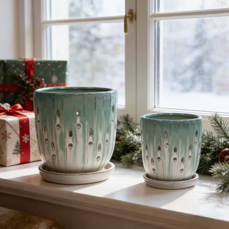 Anmytek Handmade Ceramic Planter Set of 2 with Side Holes for Orchids