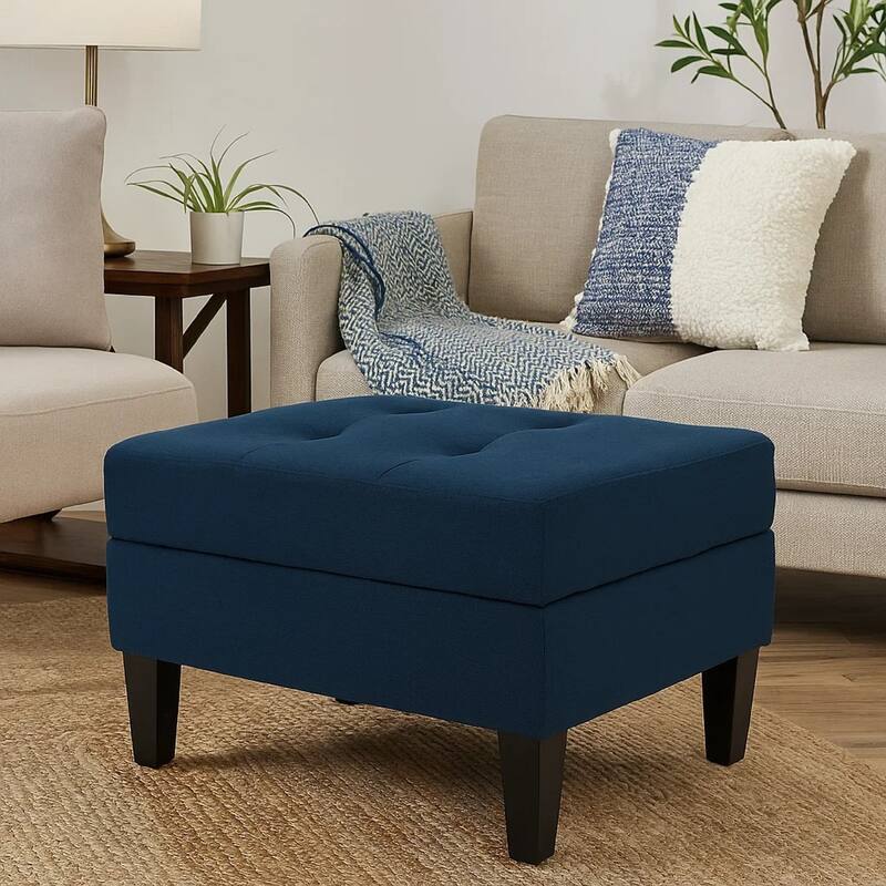 Voil Storage Ottoman, 28 Inch, Navy Blue Fabric, Tapered Wood Legs