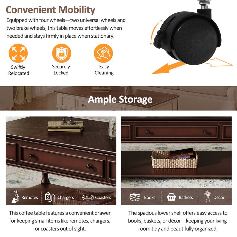 Roomfitters Farmhouse Coffee Table, Retro Wooden Center Table with Drawer, Wheels, and Solid Wood Legs